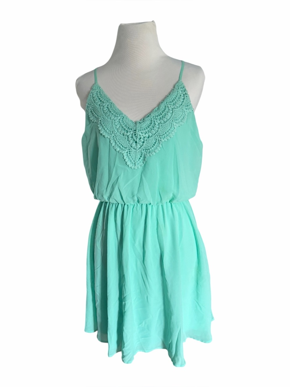 Lush Seafoam Green Boho Crochet Trim Spaghetti Strap Cami Dress S